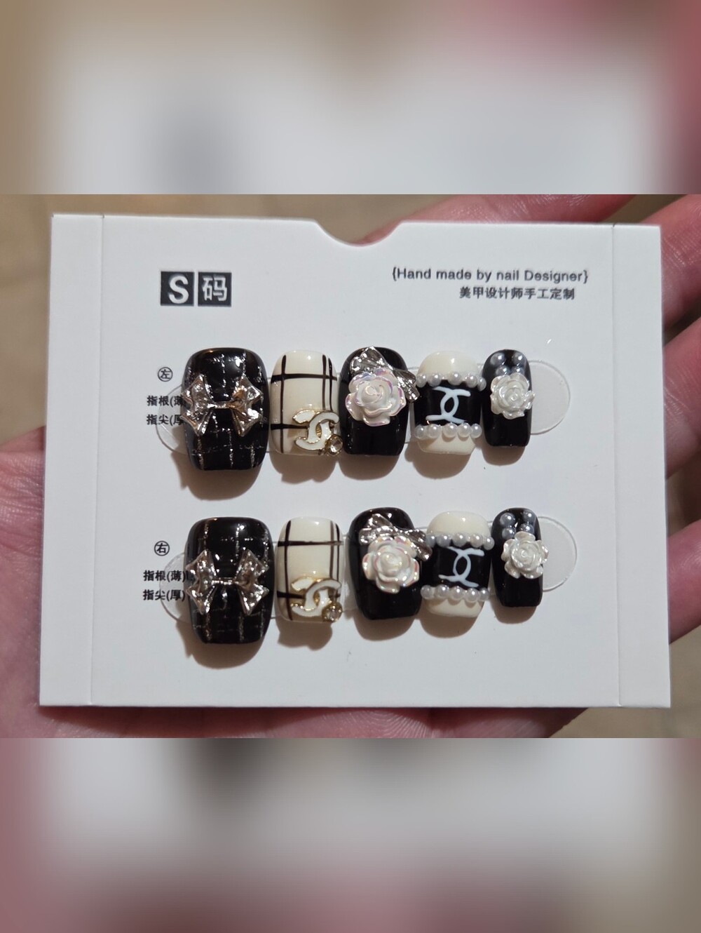 CC Designer Handmade Press On 3D Black/White Pearl Camellia Flower Luxury Nails